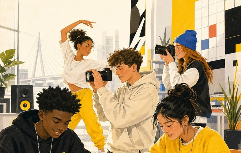 Getekende jongeren werken samen aan creatieve en digitale projecten.