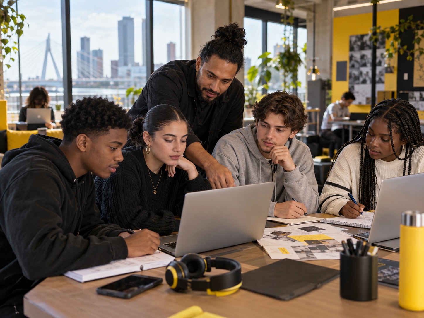 Jongeren en een coach werken samen aan een digitaal en creatief project