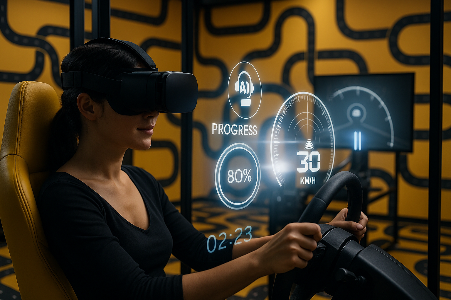Conceptbeeld van StartRijden: een deelnemer oefent in een rijsimulator met digitale ondersteuning