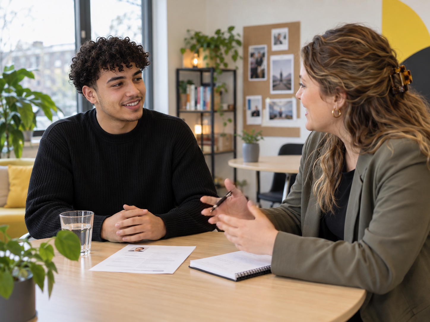 Een jongere oefent een sollicitatiegesprek met een coach